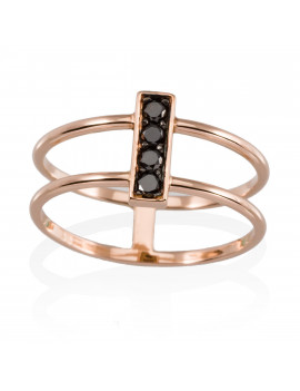 Anillo de oro rosa 18k con cabezal cuadrado de diamantes negros y doble banda lateral