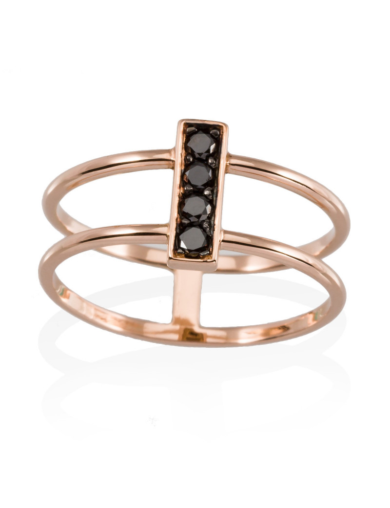 Anillo de oro rosa 18k con cabezal cuadrado de diamantes negros y doble banda lateral