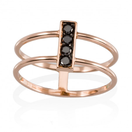 Anillo de oro rosa 18k con cabezal cuadrado de diamantes negros y doble banda lateral