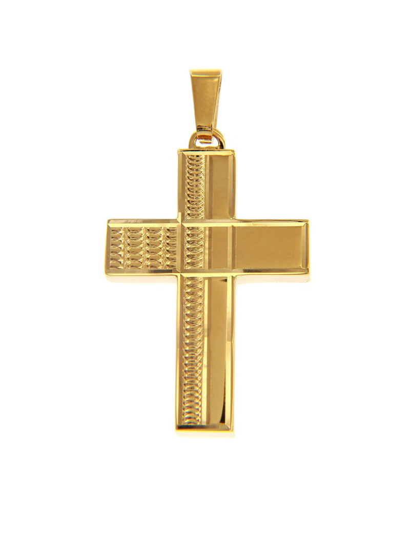 Cruz de Oro Amarillo 18k Rectangular. Colgante Cruz Tallada 16x30mm