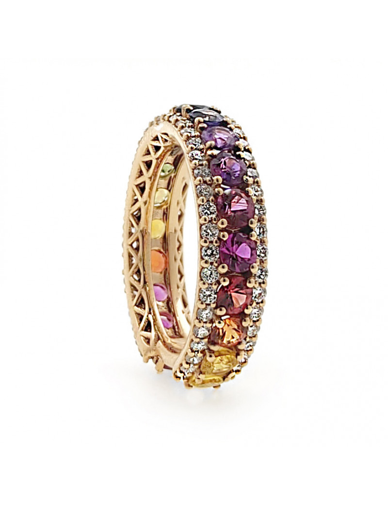 Rainbow: Anillo de Zafiros Multicolor y Diamantes en Oro Rosa 18k