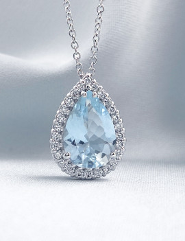 Collar de Aguamarina Lágrima 2,80 ct y Diamantes Orla. Oro Blanco 18k