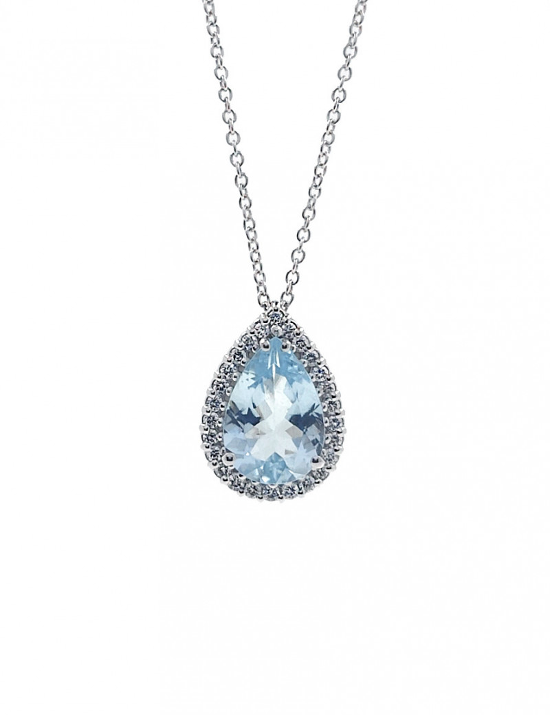 Collar de Aguamarina Lágrima 2,80 ct y Diamantes Orla. Oro Blanco 18k
