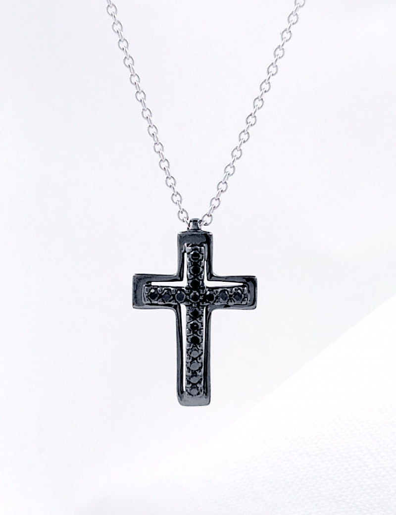† Gargantilla Cruz de diamantes negros y Cadena de Oro Blanco 18k