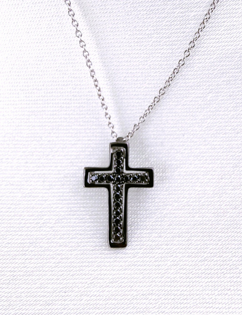 † Gargantilla Cruz de diamantes negros y Cadena de Oro Blanco 18k