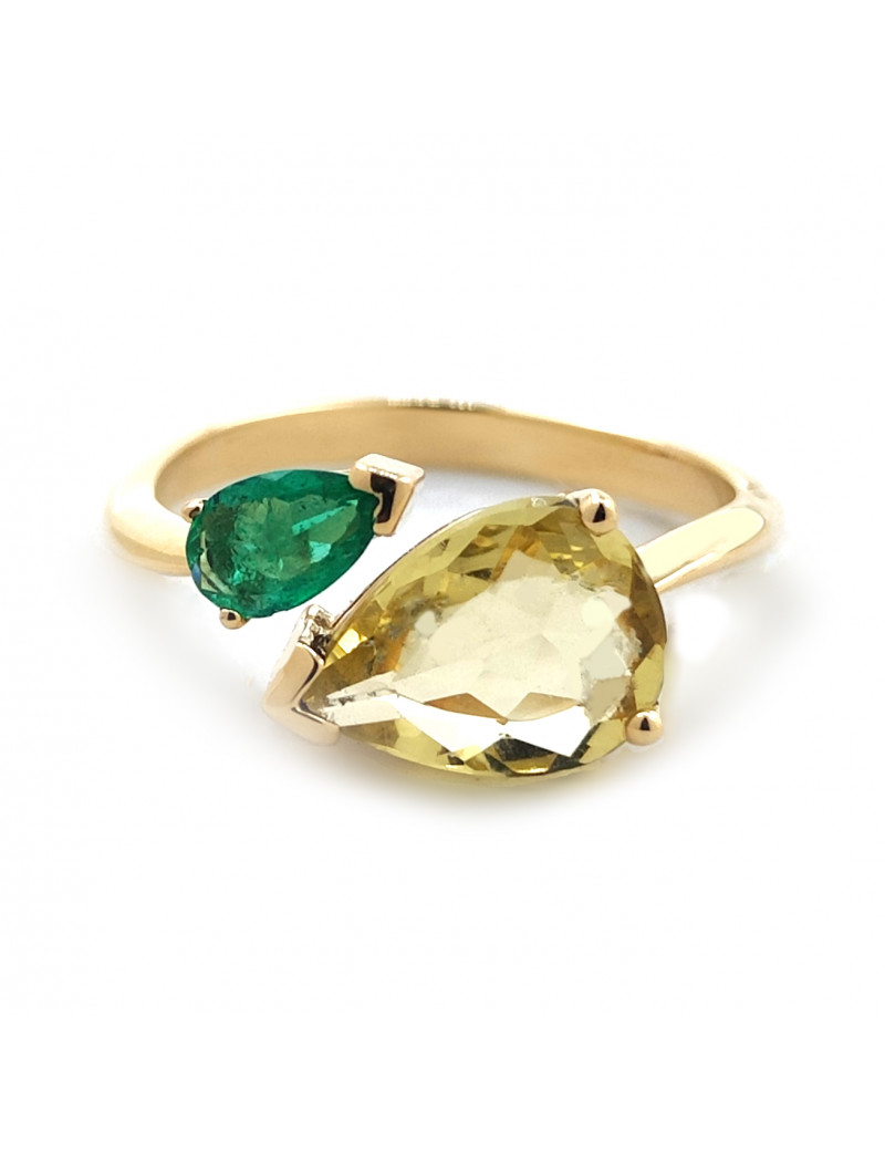 Anillo "Toi et Moi" de Esmeralda y Heliodoro en Oro Amarillo 18k