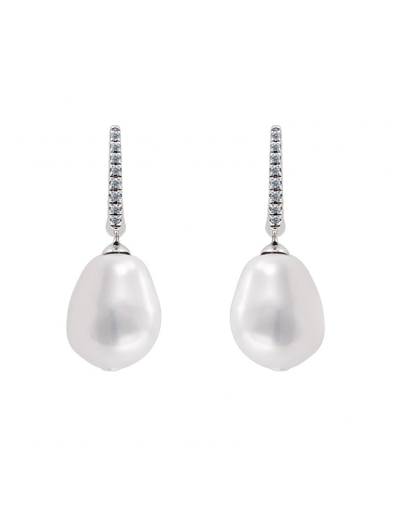 Nicole: Pendientes Aro Diamantes y Perlas 13mm en Oro Blanco 18k
