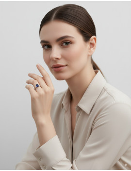 Budapest: Anillo de Zafiro Azul 5x7 y Diamantes en Oro Blanco 18k