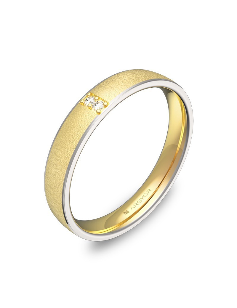 Alianza de boda de oro bicolor 18k con 2 diamantes, forma media caña, 3.5mm