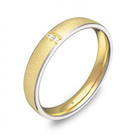 Alianza de boda de oro bicolor 18k con 2 diamantes, forma media caña, 3.5mm