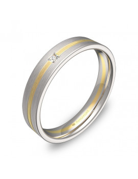 Anillo bicolor con diamante talla princesa y ranuras de 4mm de ancho.