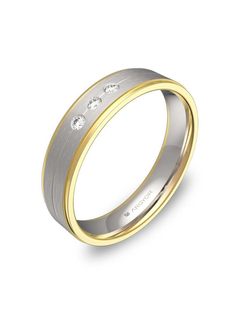 Anillo con 3 diamantes en oro bicolor 18k plano 4.5mm y ranuras