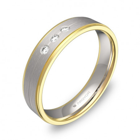 Anillo con 3 diamantes en oro bicolor 18k plano 4.5mm y ranuras