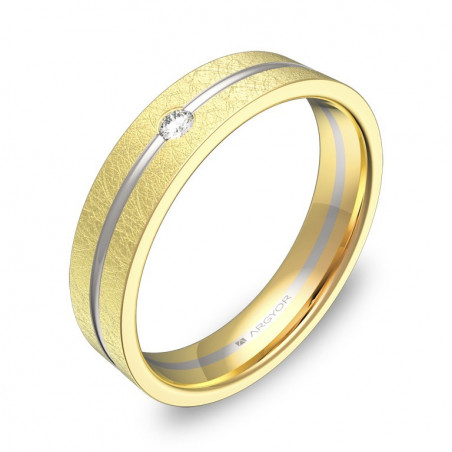 Anillo con 1 diamante en oro bicolor 18k plano 4.5mm acabado hielo y ranura