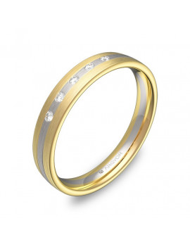Anillo con 5 diamantes en oro bicolor 18k, media caña 3.5mm satinado y ranuras.