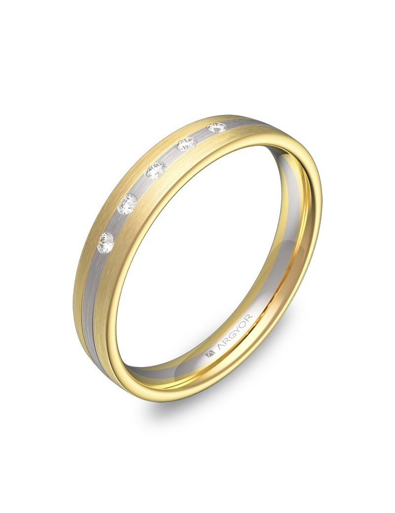Anillo con 5 diamantes en oro bicolor 18k, media caña 3.5mm satinado y ranuras.