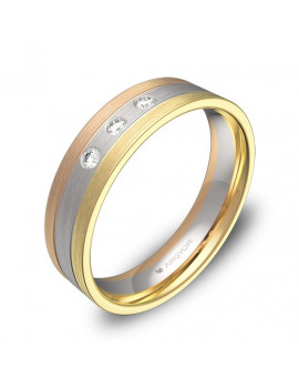 Anillo de 3 diamantes en oro tricolor 18k plano 5mm satinado