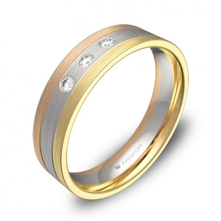 Anillo de 3 diamantes en oro tricolor 18k plano 5mm satinado