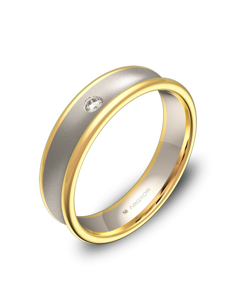 Anillo cóncavo oro bicolor 18k 5mm acabado combinado con 1 diamante