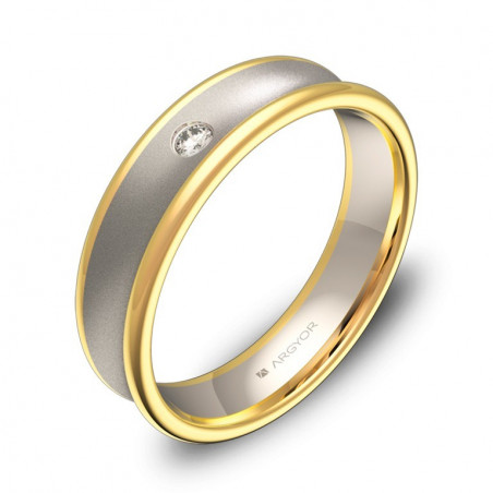 Anillo cóncavo oro bicolor 18k 5mm acabado combinado con 1 diamante