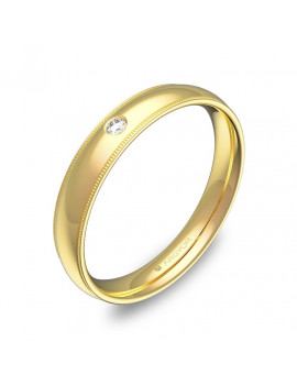 Anillo de media caña en oro amarillo de 18k con acabado pulido, biseles milgrain y un diamante central.