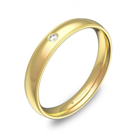 Anillo de media caña en oro amarillo de 18k con acabado pulido, biseles milgrain y un diamante central.