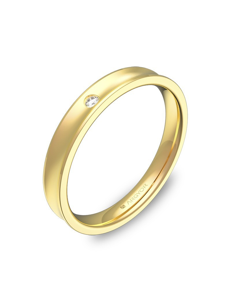 Anillo cóncavo de 3 mm en oro amarillo 18k con acabado satinado y diamante engastado.