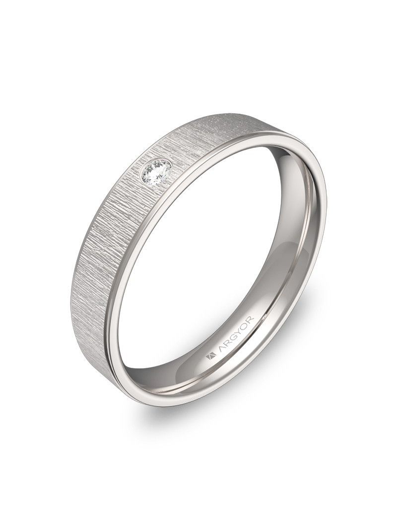 Anillo de Diamante en Oro Blanco 18k plano con acabado texturizado y biseles pulidos.