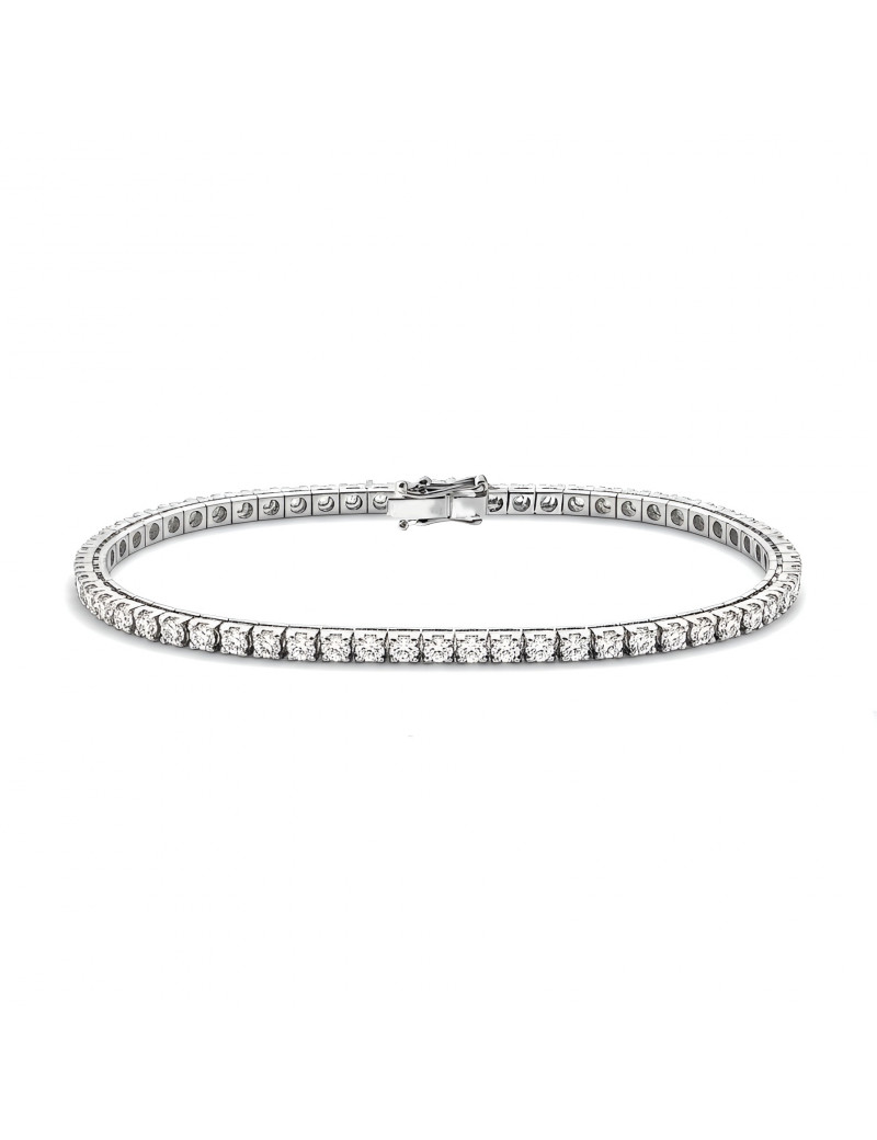 Pulsera Riviere de diamantes de 3 ct en oro blanco de 18k, presentada sobre fondo neutro para resaltar el brillo de cada piedra.
