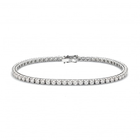 Pulsera Riviere de diamantes de 3 ct en oro blanco de 18k, presentada sobre fondo neutro para resaltar el brillo de cada piedra.