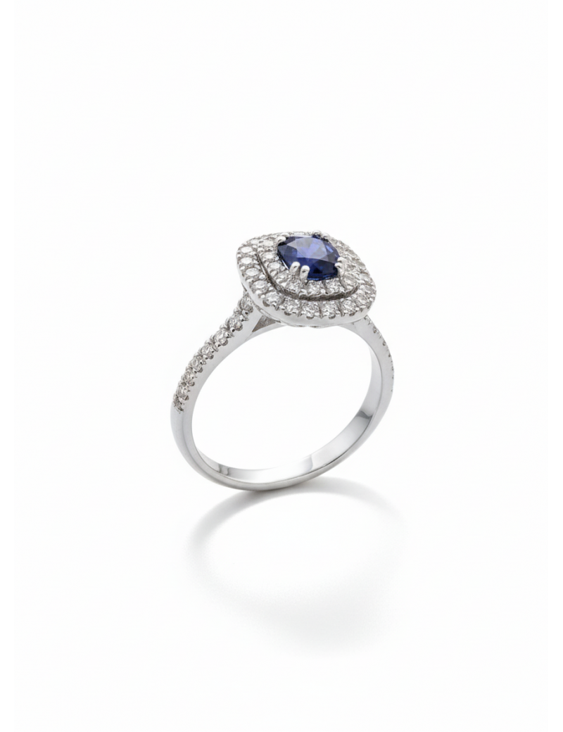 Anillo de Zafiro Ovalado y Diamantes Halo Doble · Joyería Marga Mira