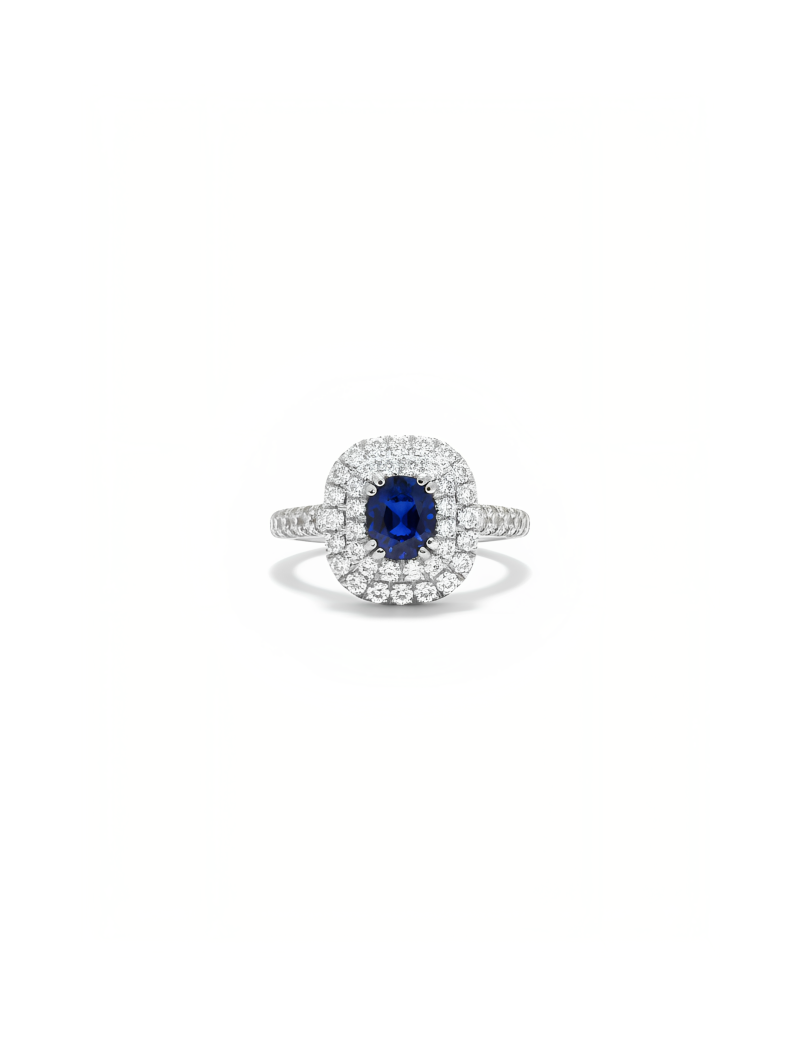 Anillo de Zafiro Ovalado y Diamantes Halo Doble · Joyería Marga Mira