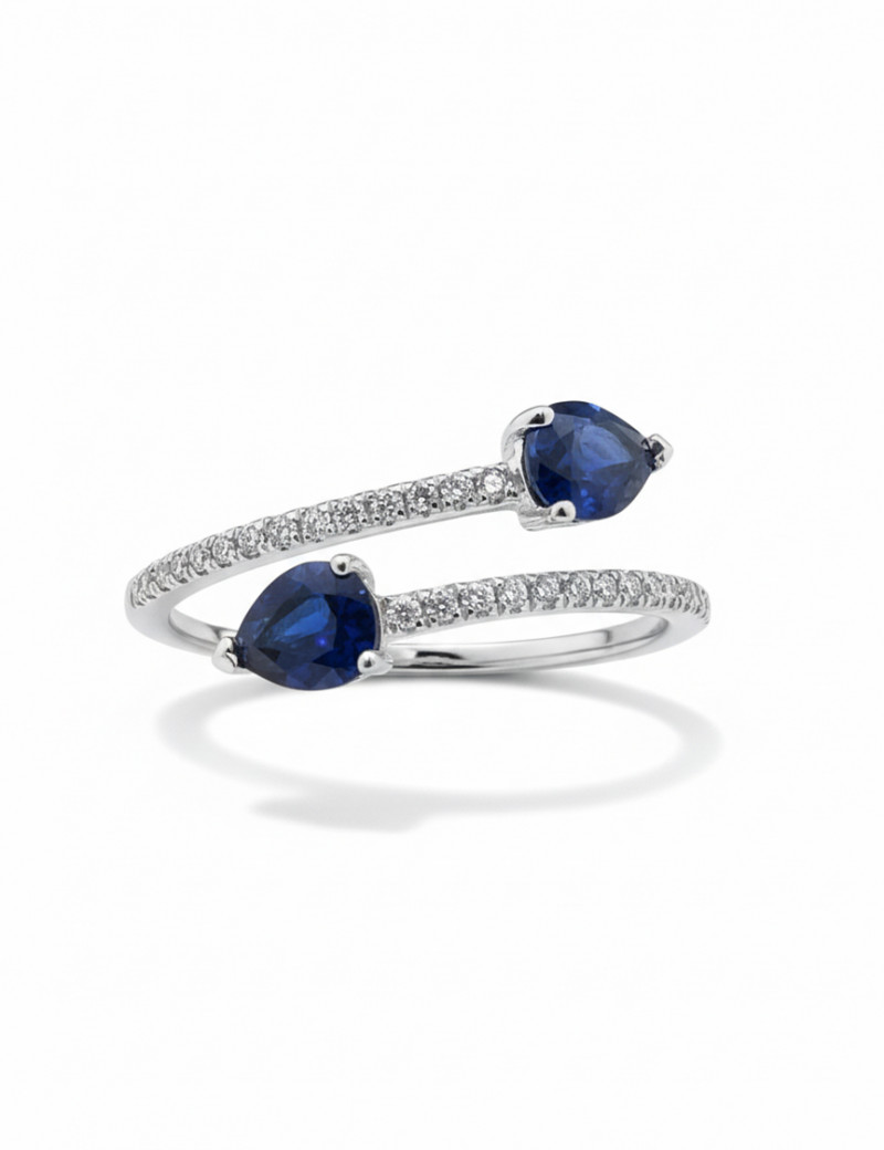 Toi Et Moi: Anillo de dos Zafiros Pera y Diamantes en Oro Blanco 18k