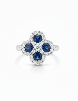 Bianca: Anillo Trébol Zafiros Azules y Diamantes Halo Oro Blanco 18k
