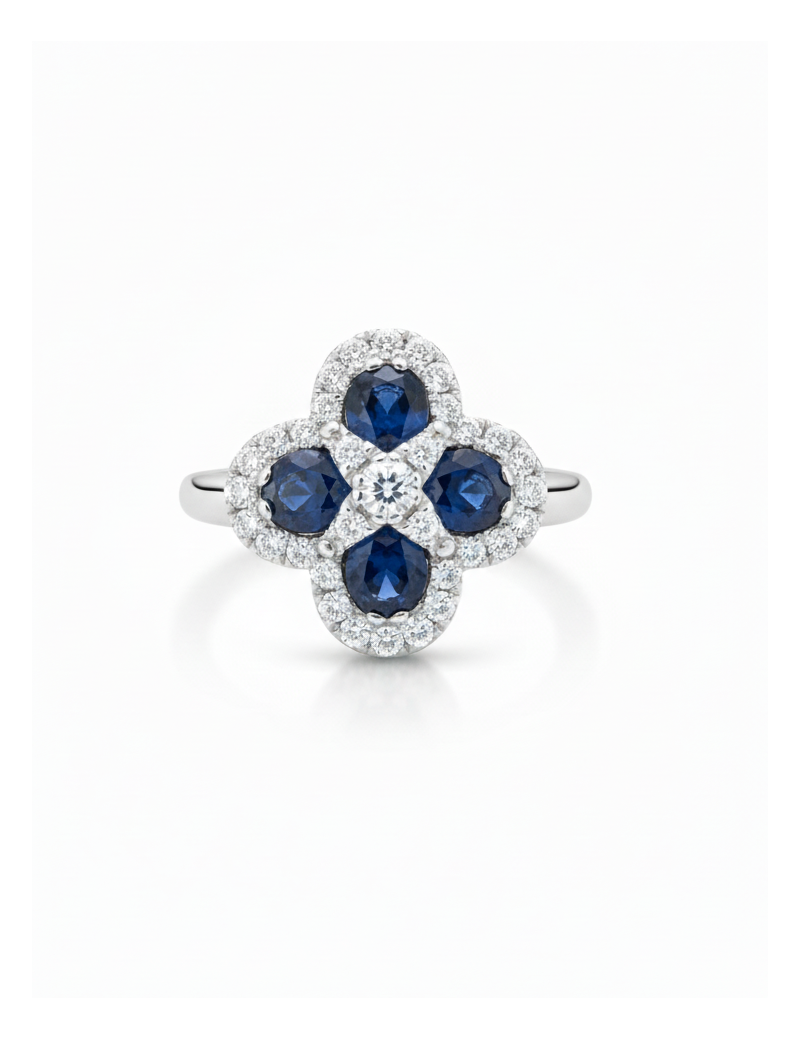 Bianca: Anillo Trébol Zafiros Azules y Diamantes Halo Oro Blanco 18k