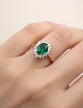 Victoria: Anillo de Esmeralda7x5 mm · Diamantes Orla · Oro Amarillo 18k