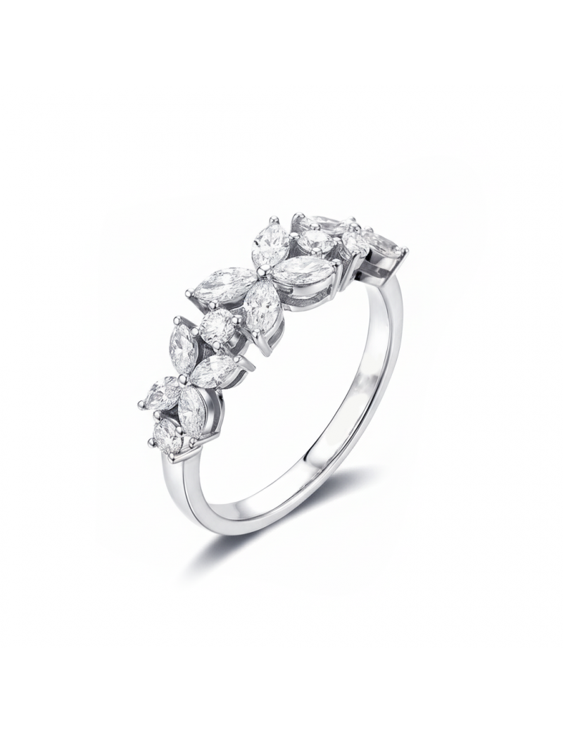 Anillo de Diamantes Talla Marquesa y Brillante en Oro Blanco 18k