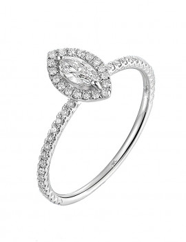 Anillo de diamante talla marquise de oro blanco 18k, rodeado por un halo de brillantes y pavé de diamantes en el brazo.
