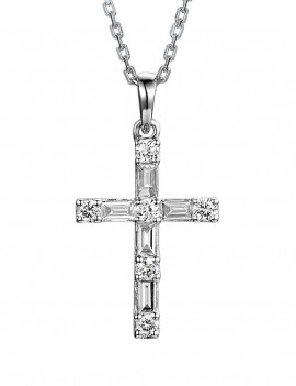 Colgante en forma de cruz de diamantes intercalados en talla baguette y brillante en oro blanco 18k.