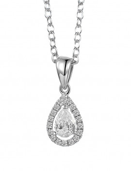 Colgante de diamante talla pera rodeado por un halo de diamantes brillantes en oro blanco 18k
