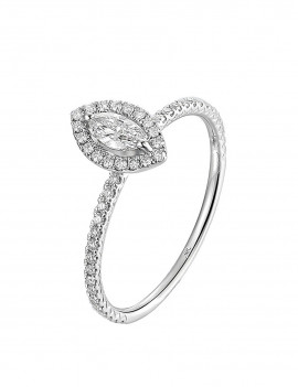 Anillo de diamante talla marquise de oro blanco 18k, rodeado por un halo de brillantes y pavé de diamantes en el brazo.
