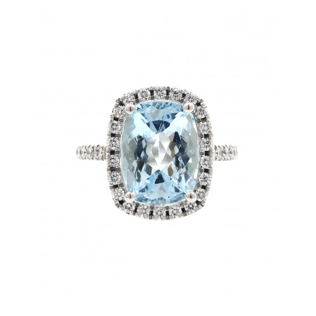 Rania: Anillo de Aguamarina Cojín y Diamantes · Joyería Marga Mira