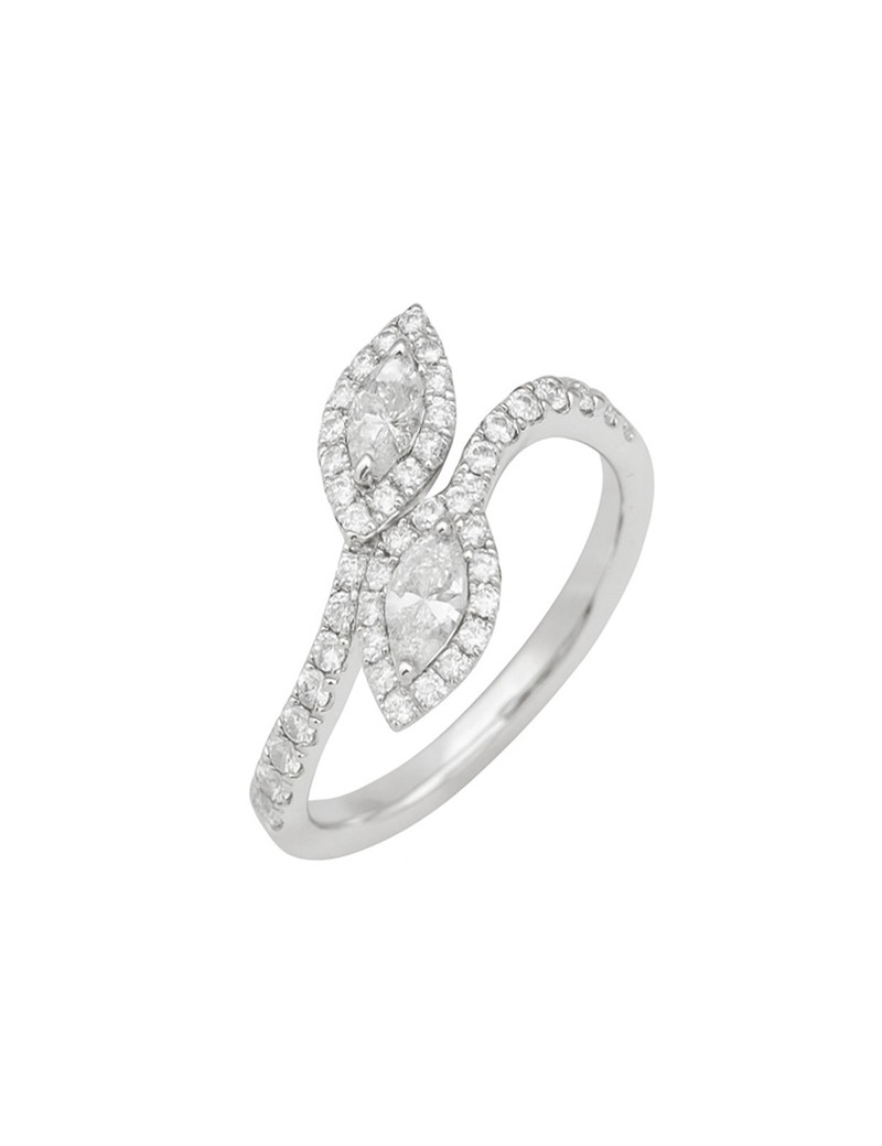 Toi et Moi: Anillo abierto con dos diamantes talla marquise rodeados por un halo, formando un diseño de hoja de oro blanco 18k
