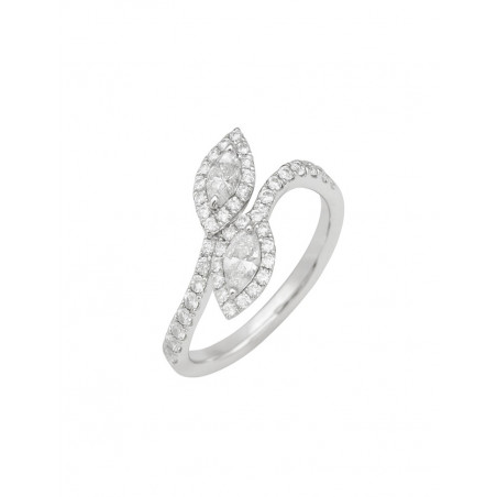 Toi et Moi: Anillo abierto con dos diamantes talla marquise rodeados por un halo, formando un diseño de hoja de oro blanco 18k