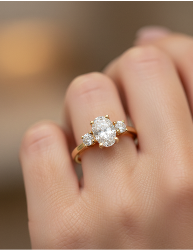 Budapest: Anillo Trilogía Diamante Oval y Brillantes Oro Amarillo 18k