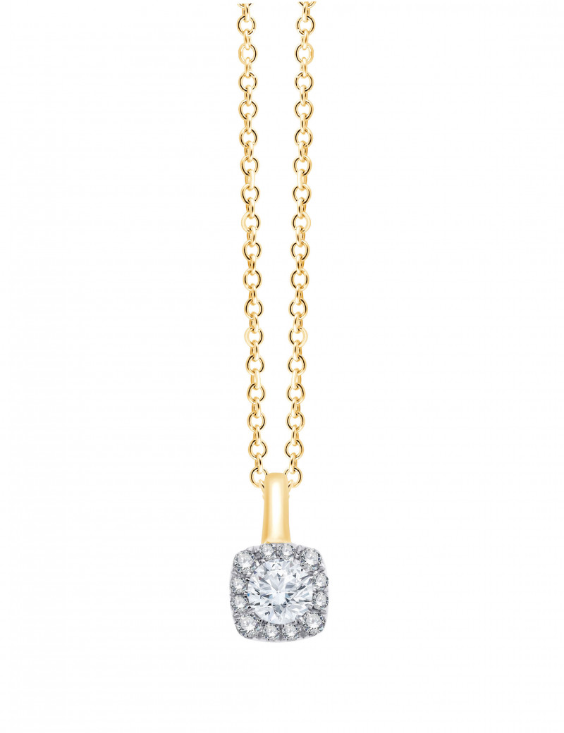 Gargantilla de oro amarillo con colgante rosetón de diamantes en montura de oro blanco sobre fondo neutro.