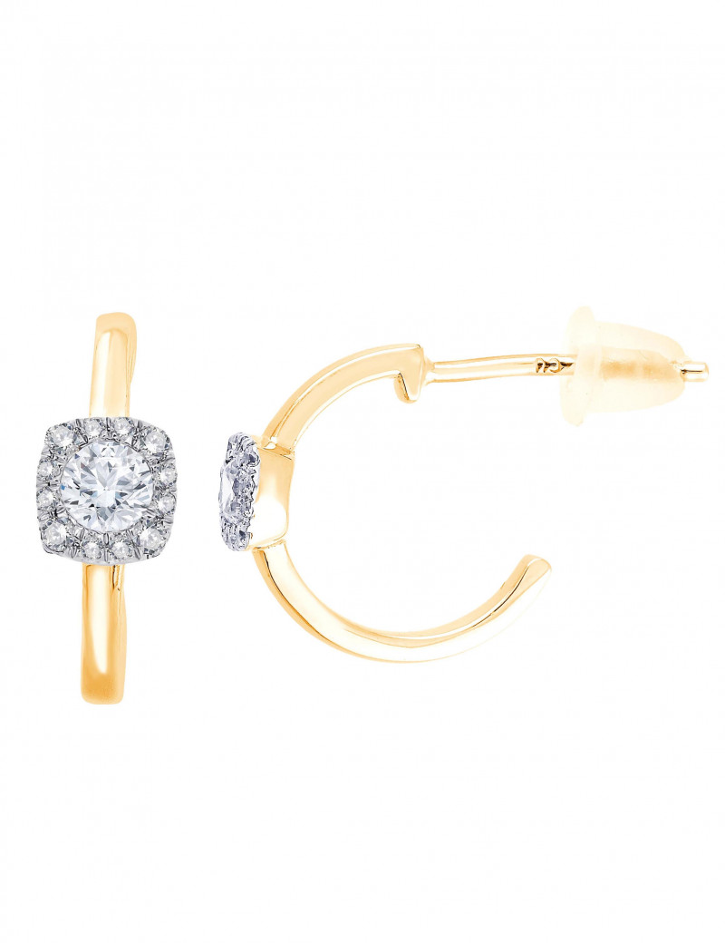 Par de pendientes de medio aro en oro amarillo 18k con un rosetón cuadrado de diamantes.