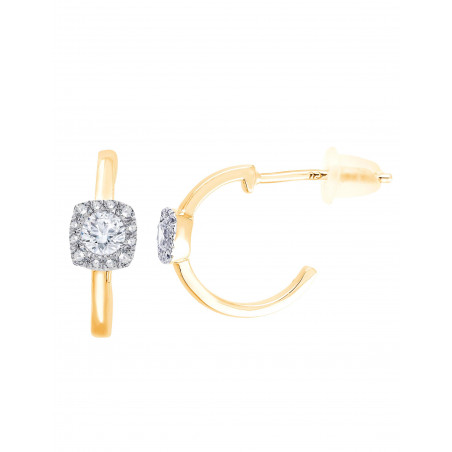 Par de pendientes de medio aro en oro amarillo 18k con un rosetón cuadrado de diamantes.