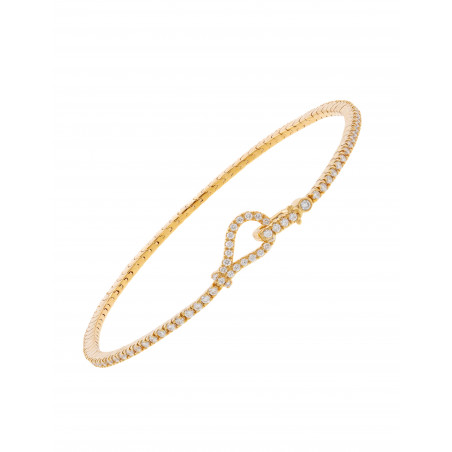 Pulsera de diamantes con un cierre de nudo elaborado en oro amarillo sobre fondo blanco.