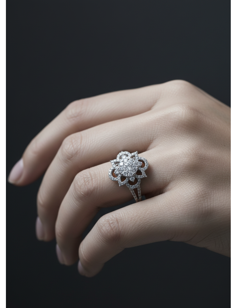 Anillo de Diamantes Flor Vintage Oro Blanco 18k · Joyería Marga Mira